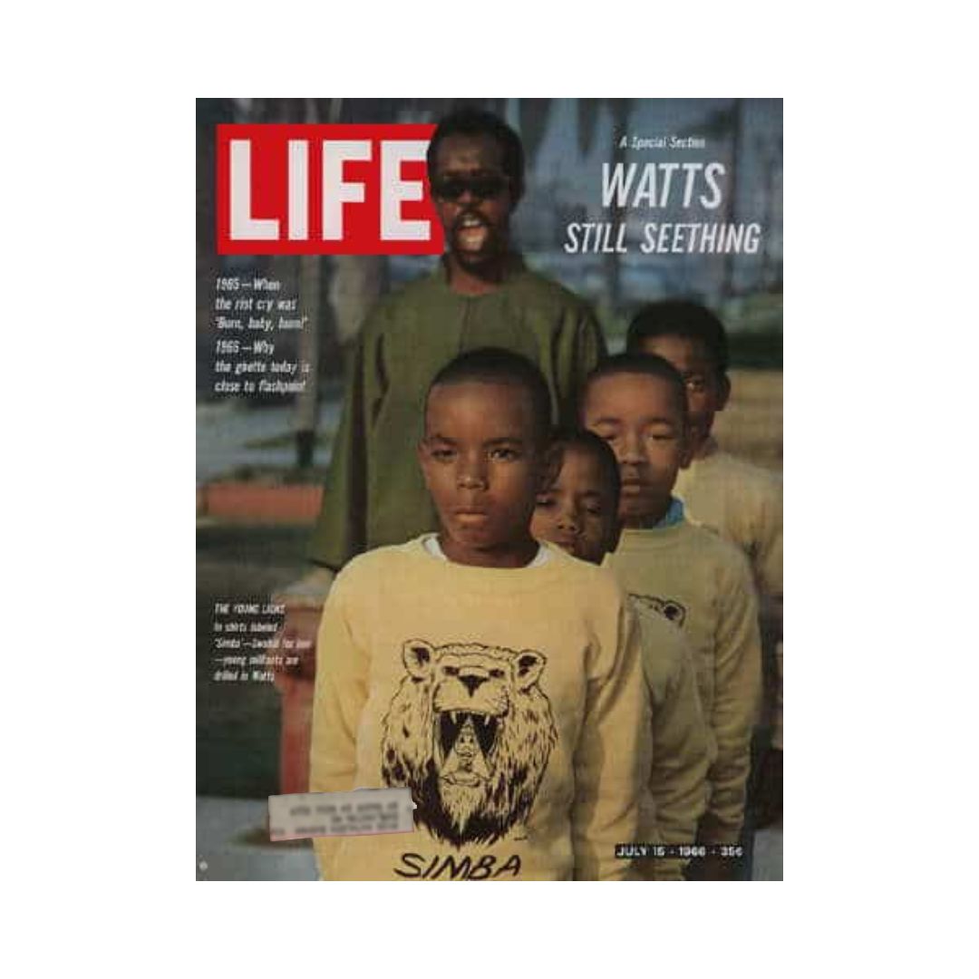 Cover of VTG Life Magazine dated July 15, 1966, featuring the title 'Watts Still Seething' with a historical focus on the Watts neighborhood one year after the riots, showcasing children in front of a man and emphasizing themes of resilience and social issues in 1960s America.