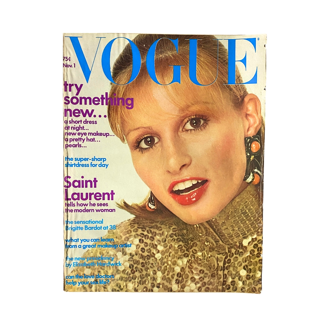 Vogue Magazine November 1972 cover featuring Apollonia van Ravenstein, showcasing a vintage fashion aesthetic with a focus on 1970s trends, designed to highlight key articles and styles such as Saint Laurent's vision for the modern woman.
