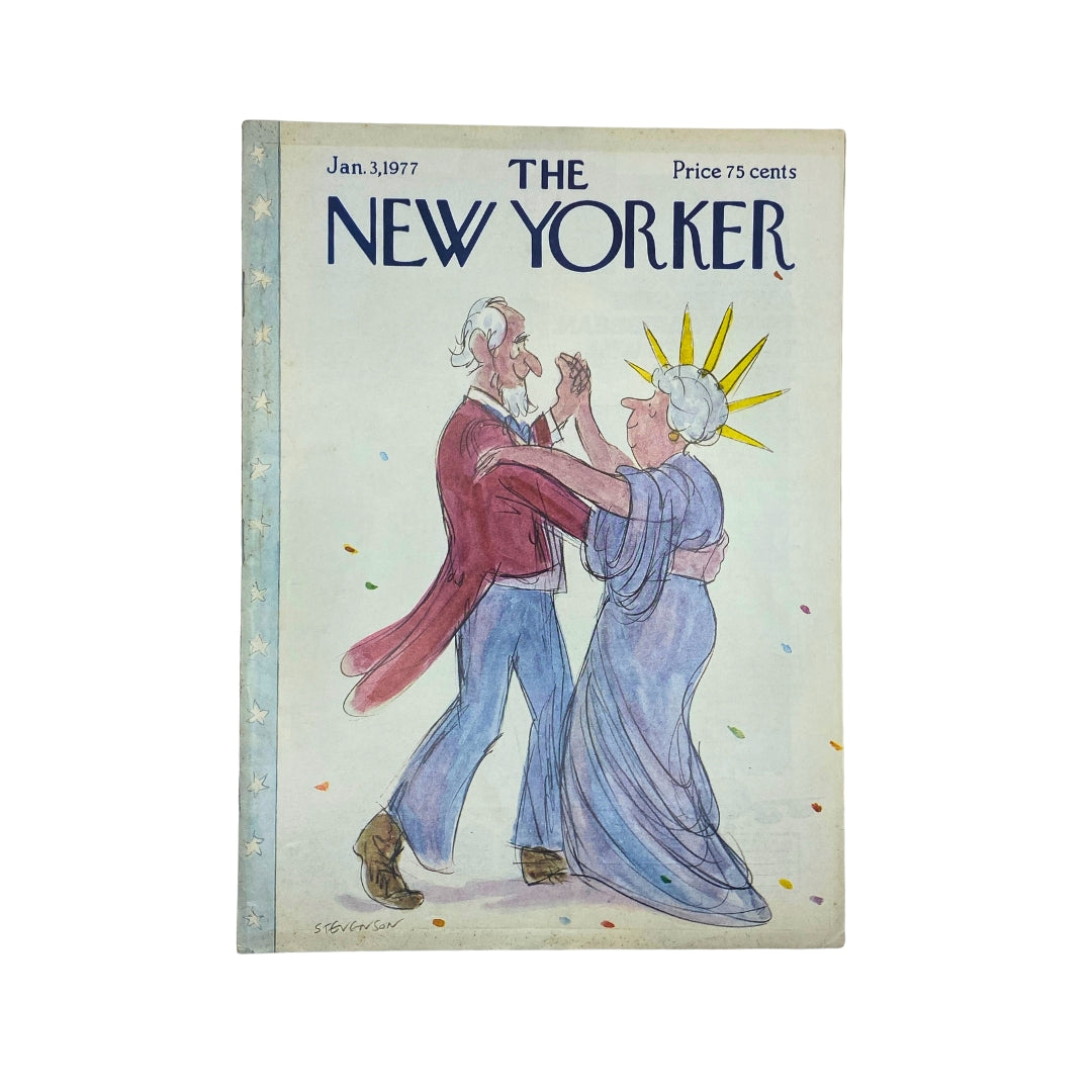 Cover of The New Yorker Complete Magazine January 3, 1977, featuring a whimsical illustration by James Stevenson, depicting a couple dancing with festive colors.