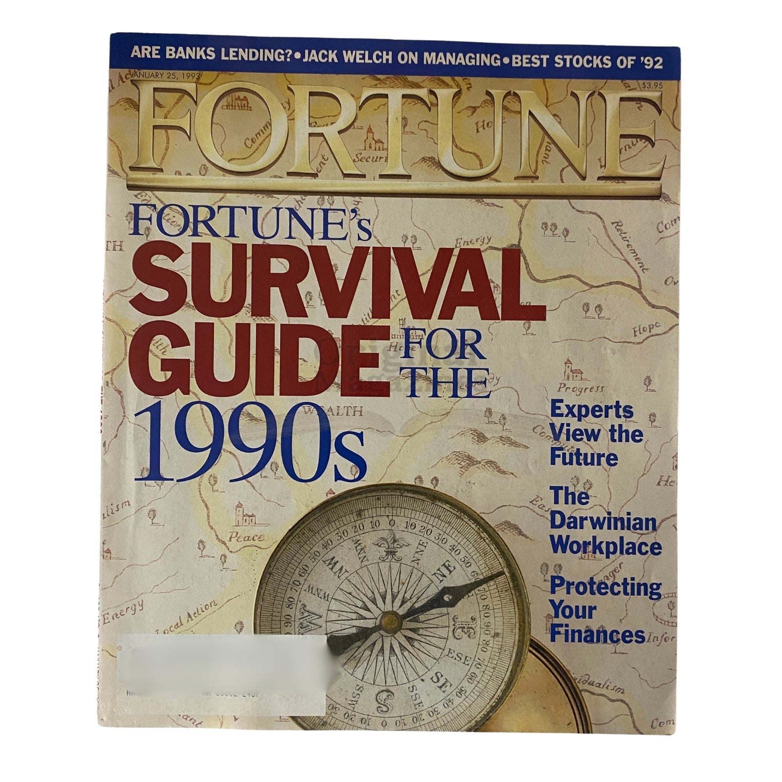 Cover of Fortune Magazine dated January 25, 1993, featuring the title "Survival Guide for the 1990s", showcasing a compass and maps background.