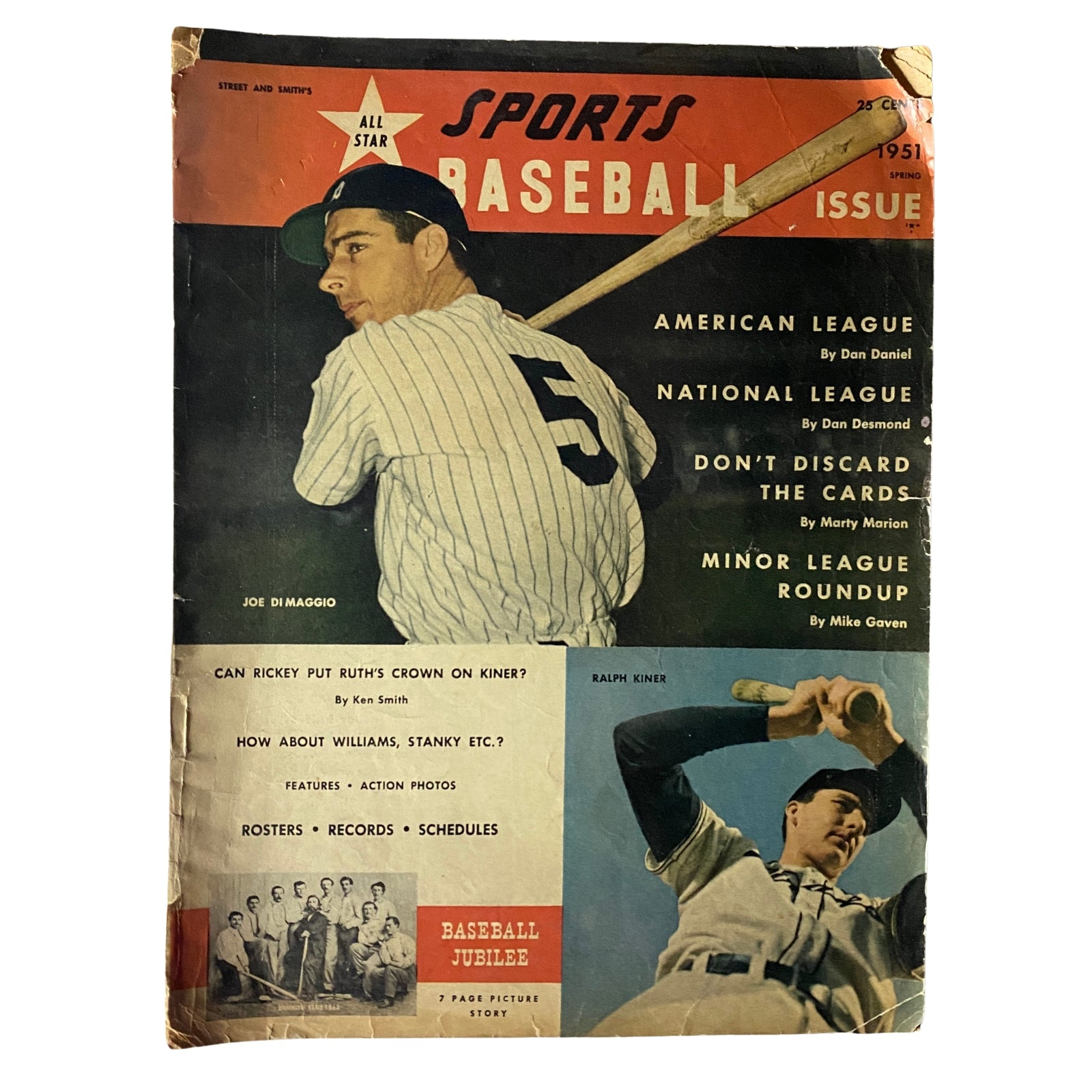 Sports Baseball Issue Magazine Spring 1951 featuring Joe DiMaggio and Ralph Kiner on the cover, highlighting articles on the American and National Leagues, player statistics, and a recap of the 1950 World Series.