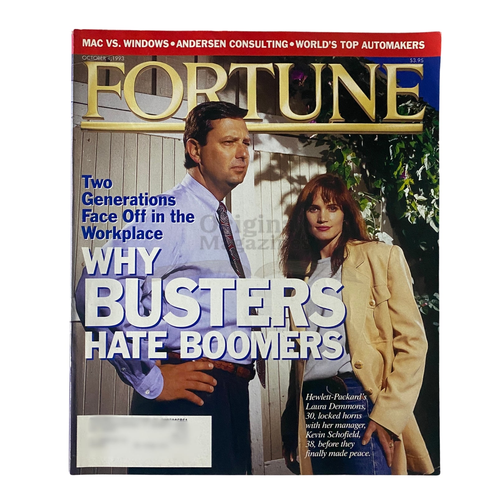 Cover of Fortune Magazine, October 4, 1993, featuring an article on workplace dynamics between generations, titled 'Why Busters Hate Boomers' with images of Laura Demmons and Kevin Schofield.