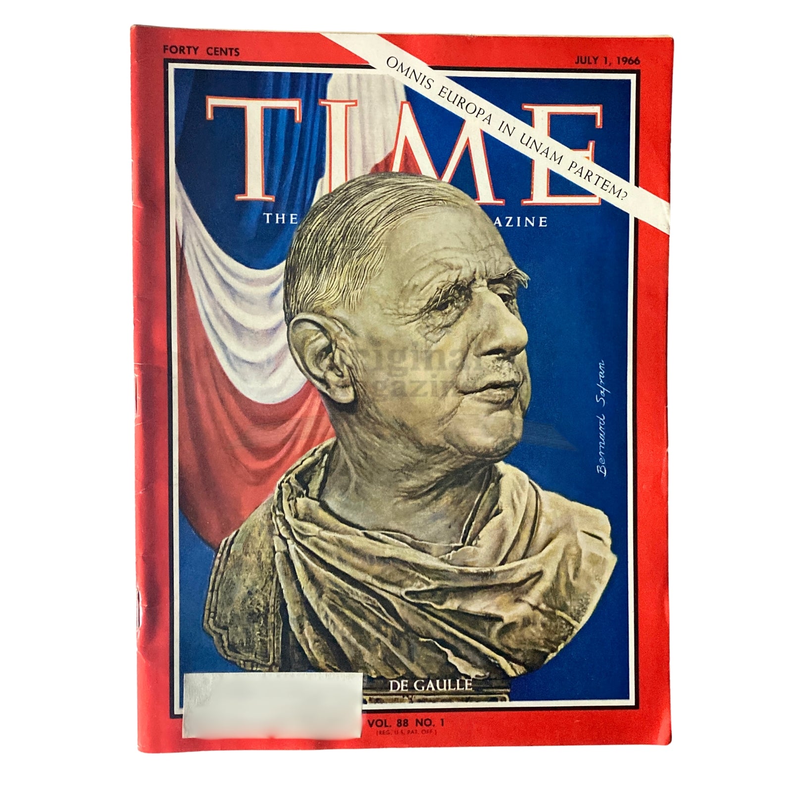 Cover of Time Magazine July 1, 1966, Vol 88 No. 1 featuring Charles de Gaulle against a backdrop of French colors, ideal for history enthusiasts and collectors of vintage magazines.