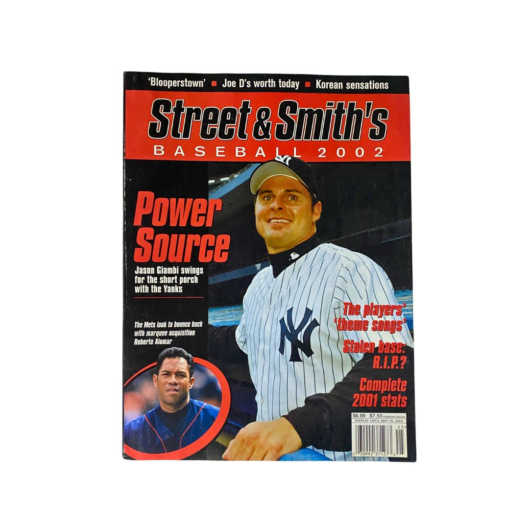 Cover of Street & Smith's Baseball Magazine 2002 featuring Jason Giambi in New York Yankees uniform, highlights Power Source article.