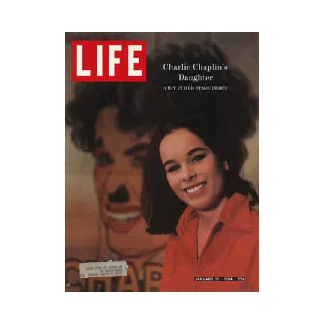 Cover of Vintage Life Magazine January 31, 1964, featuring Geraldine Chaplin with a vibrant background portraying a clown image, highlighting the cultural moment of the 1960s.
