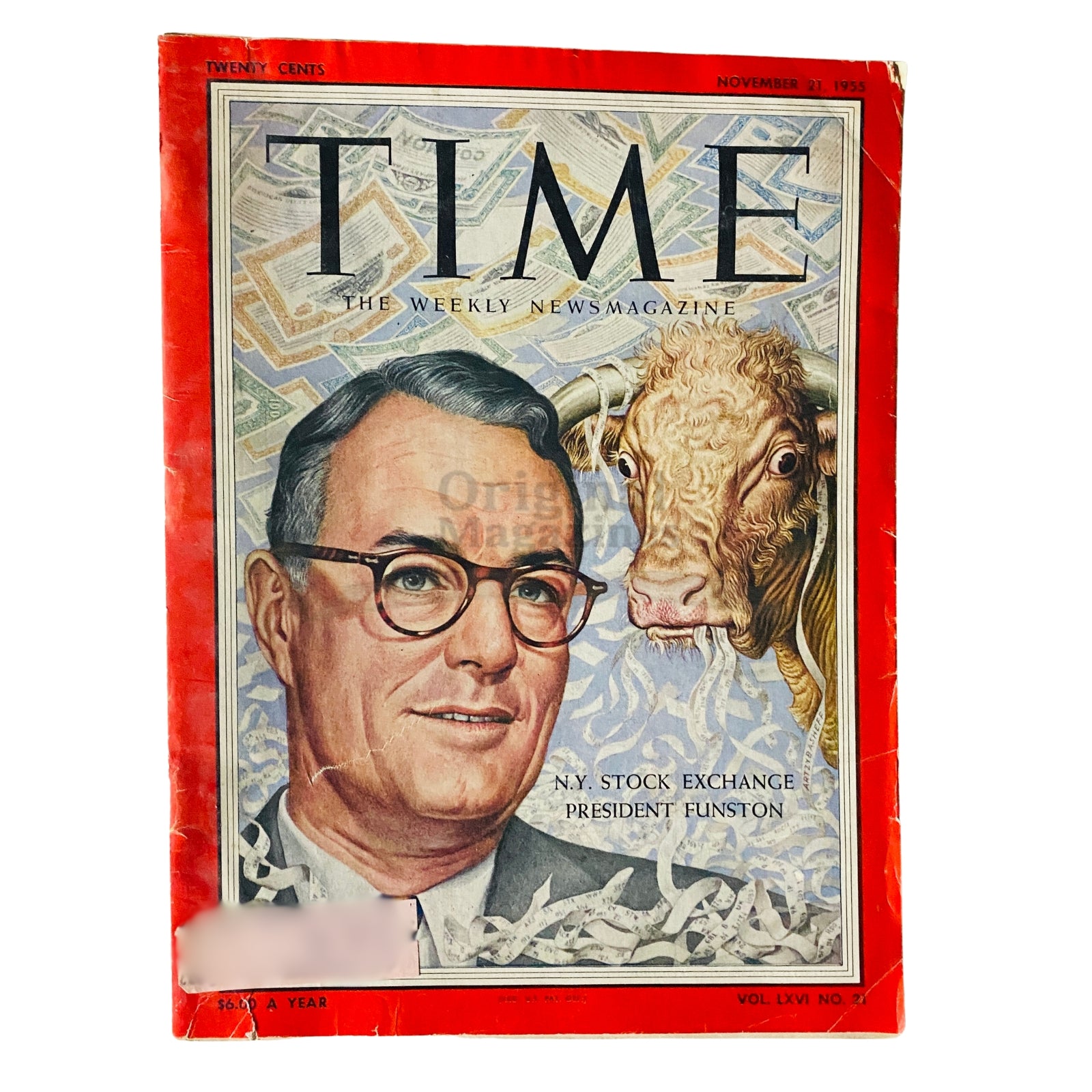 Cover of Time Magazine from November 21, 1955, Volume 66, Number 21, featuring N.Y. Stock Exchange President Funston, showcasing a prominent financial theme with illustrations of a bull and paper currency.