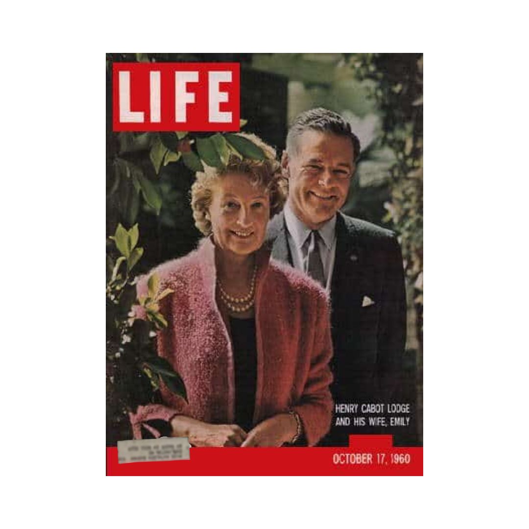 Cover of VTG Life Magazine dated October 17, 1960 featuring Henry Cabot Lodge and his wife, Emily, standing among foliage.