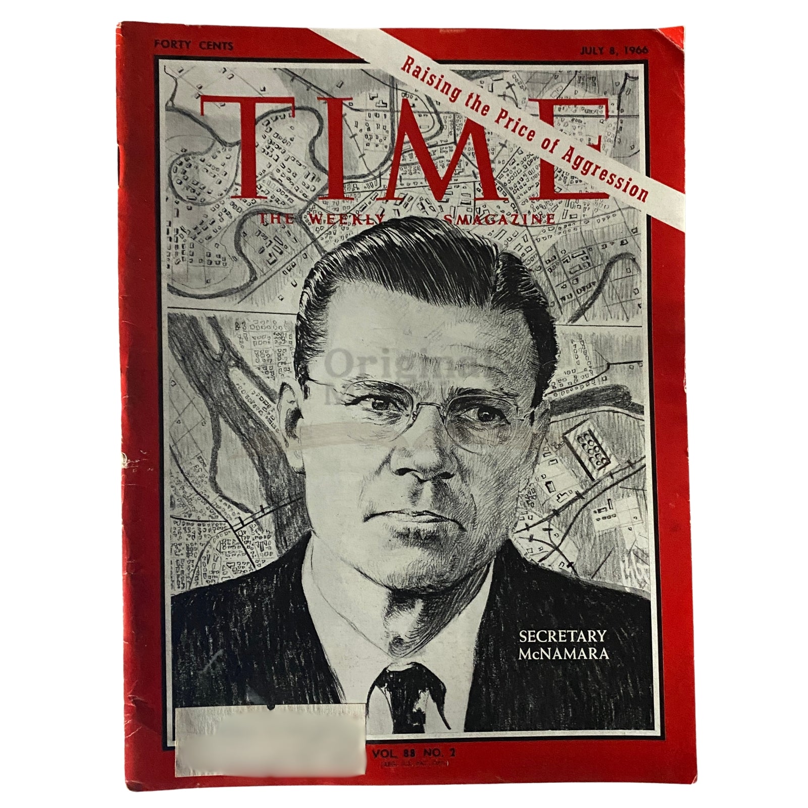 Cover of Time Magazine July 8, 1966, Vol 88 No. 2 featuring Secretary Robert McNamara, showcasing an illustration of McNamara against a map background, highlighting the political landscape of the 1960s.