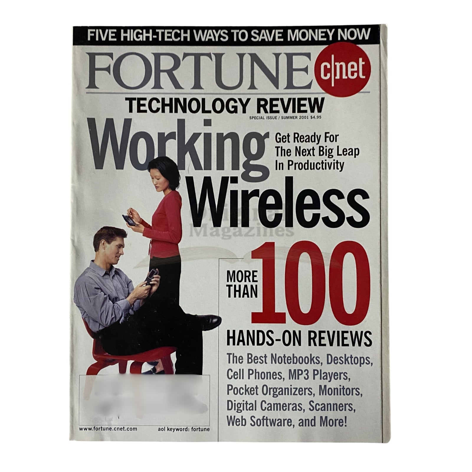 Fortune Magazine Summer 2001 Working Wireless Special Issue cover featuring a woman using a handheld device while a man sits beside her with a laptop, highlighting advancements in wireless technology.