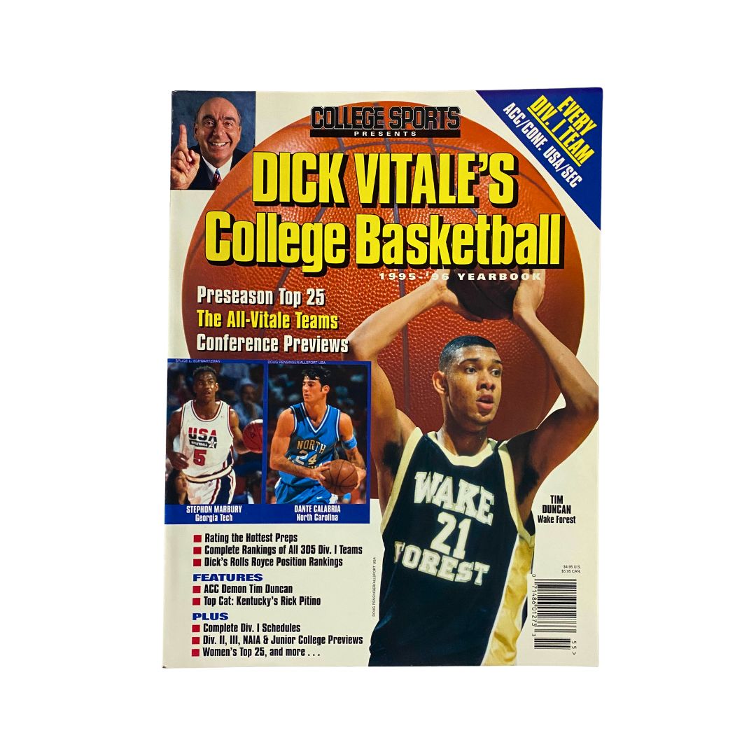 Cover of Dick Vitale's College Basketball 1995-1996 Preview featuring Tim Duncan, highlights premier college teams and player rankings, vibrant design with Dick Vitale's image.