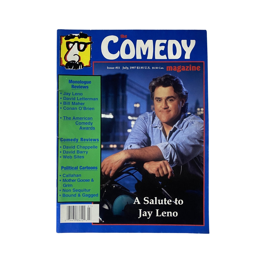 The Comedy Magazine July 1997 #11 featuring Jay Leno on the cover, highlighting monologue reviews from comedians like Bill Maher and David Letterman, with a vibrant blue and yellow design.