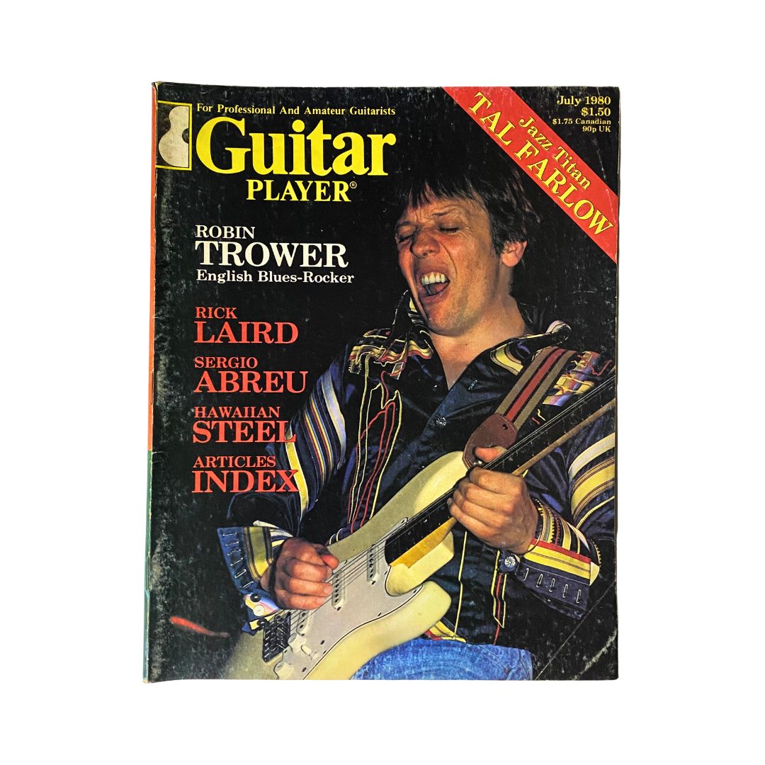 Cover of Guitar Player Magazine July 1980 featuring Robin Trower and Rick Laird. The vibrant cover highlights the magazine's content on guitar music and techniques.