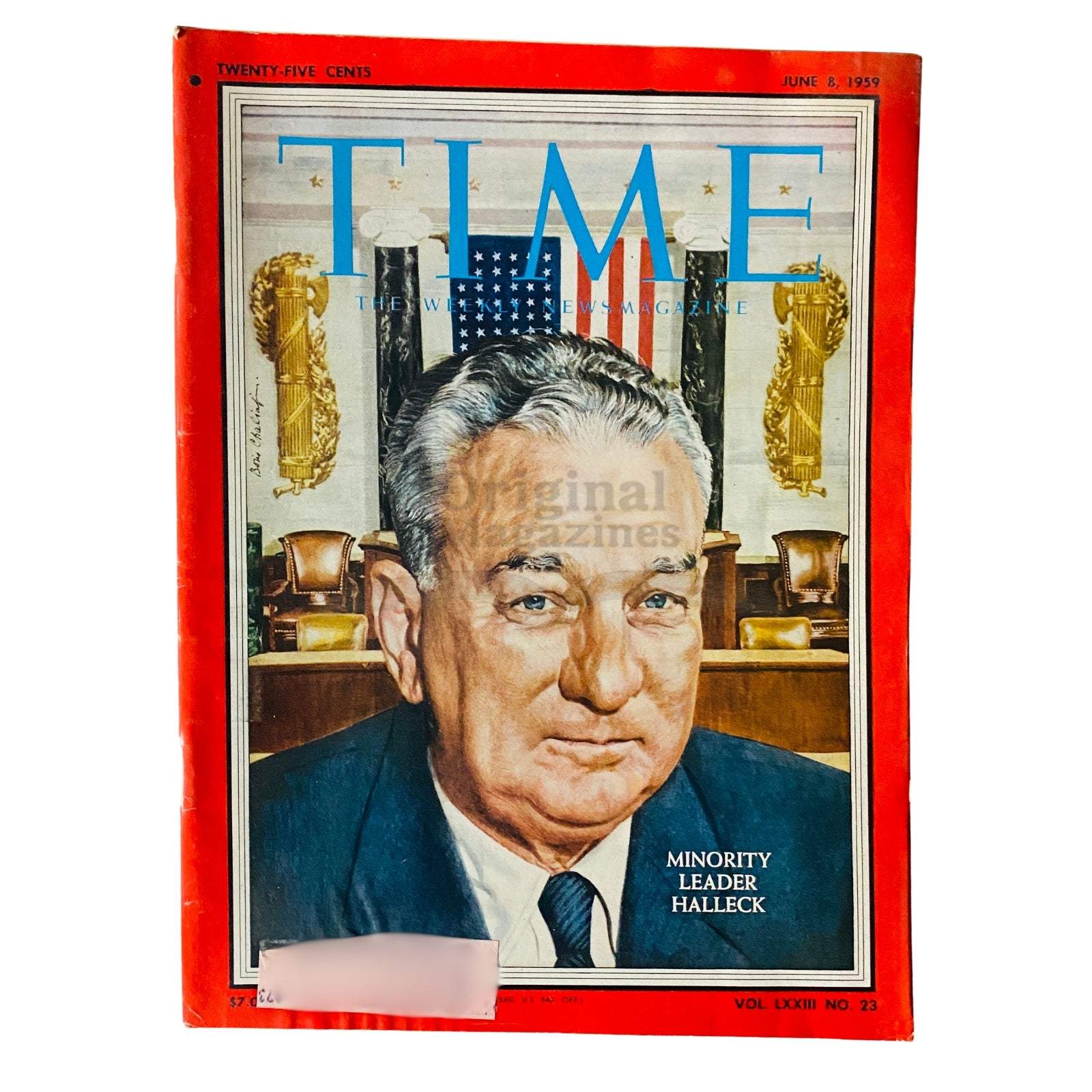 Time Magazine June 8, 1959, Vol 73 No. 23 featuring Minority Leader Halleck on the cover, showcasing a vintage political artifact.