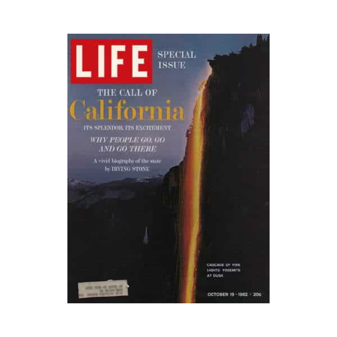 Cover of VTG Life Magazine October 19, 1962, featuring 'The Call of California' special issue, highlighting its splendor and excitement, with a stunning image of Yosemite's Cascade of Fire at dusk.