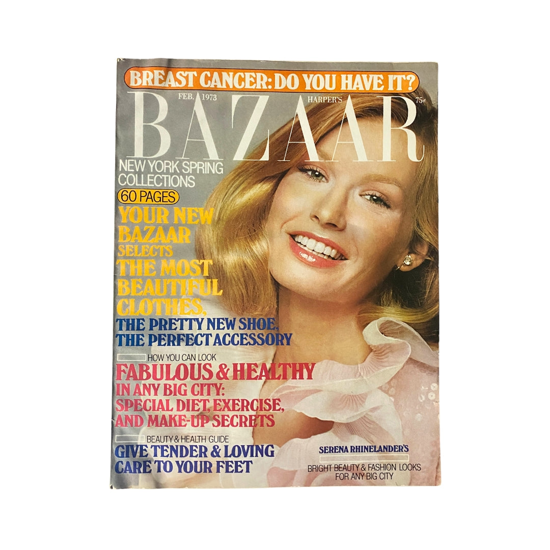 Cover of Harper's Bazaar Magazine February 1973 featuring Serena Rhinelander with a cheerful smile and vibrant fashions. The issue highlights New York Spring Collections and includes essential beauty and health tips.
