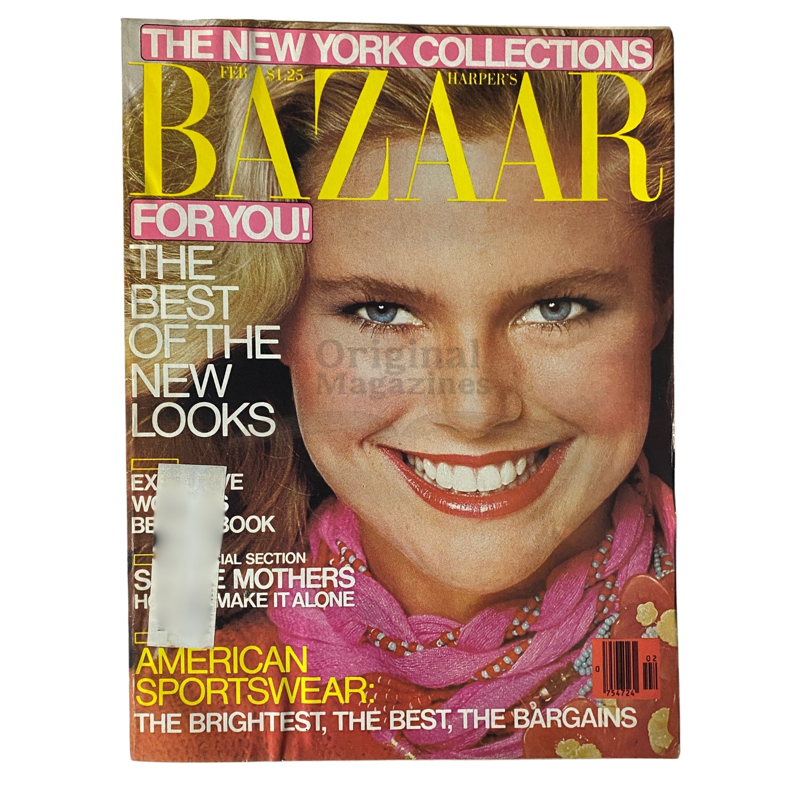 Harper's Bazaar Magazine February 1979 featuring Christie Brinkley on the cover, showcasing vibrant colors and fashion headlines.