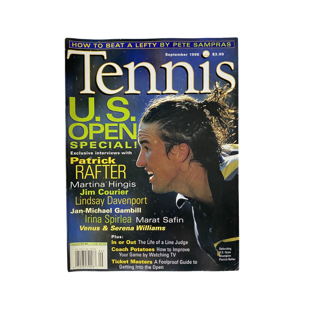 Cover of Tennis Magazine September 1998 Vol 34 No. 5 featuring Australian tennis star Patrick Rafter, highlighting the U.S. Open special with interviews and insights.