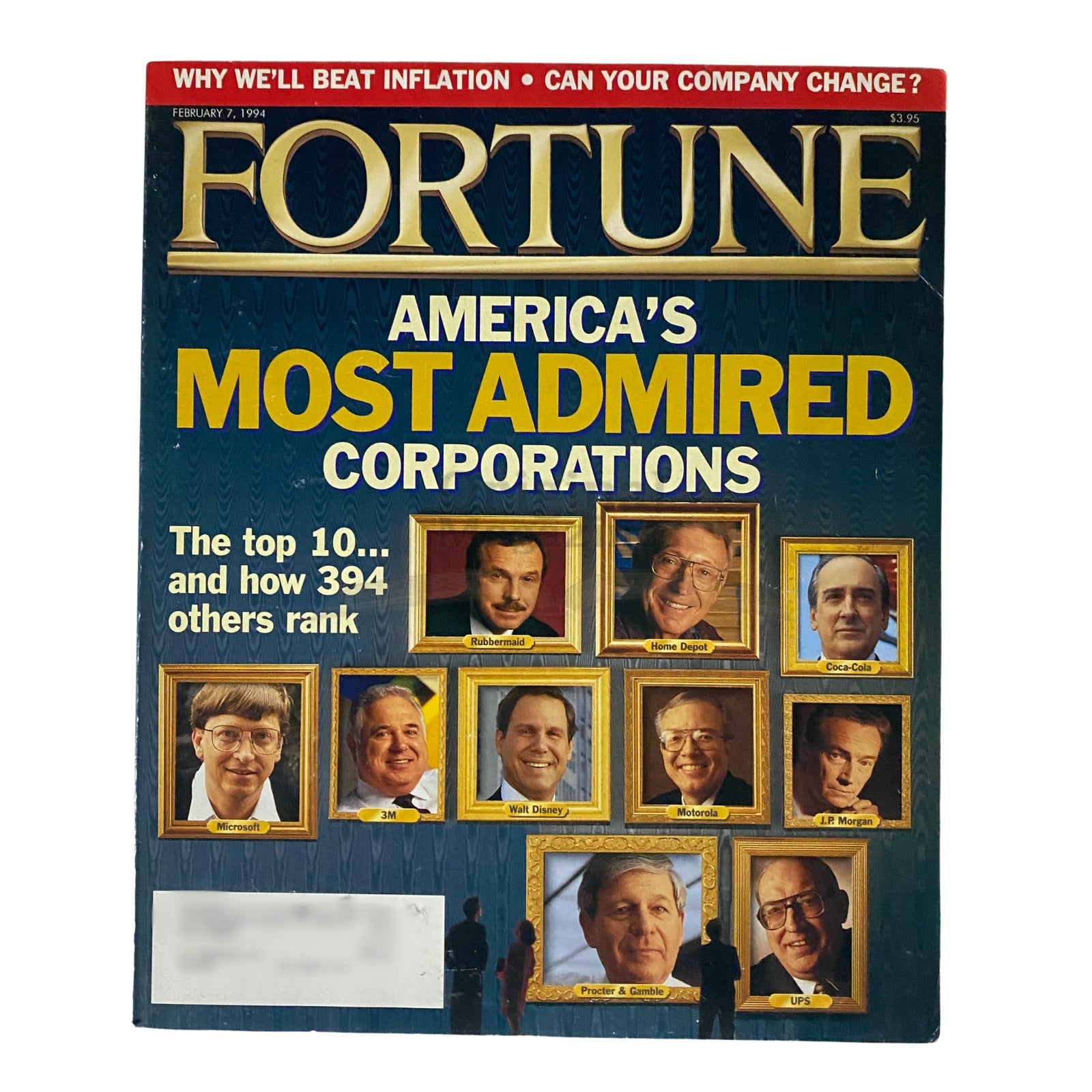 Fortune Magazine cover from February 7, 1994, featuring America's Most Admired Corporations, showcasing portraits of influential corporate leaders such as Bill Gates and executives from companies like Rubbermaid, Home Depot, and Procter & Gamble.
