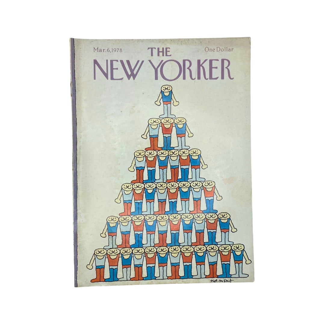 The New Yorker Complete Magazine from March 6, 1978 featuring a whimsical cover design with stacked figures by John Norment, showcasing a piece of vintage publishing history.