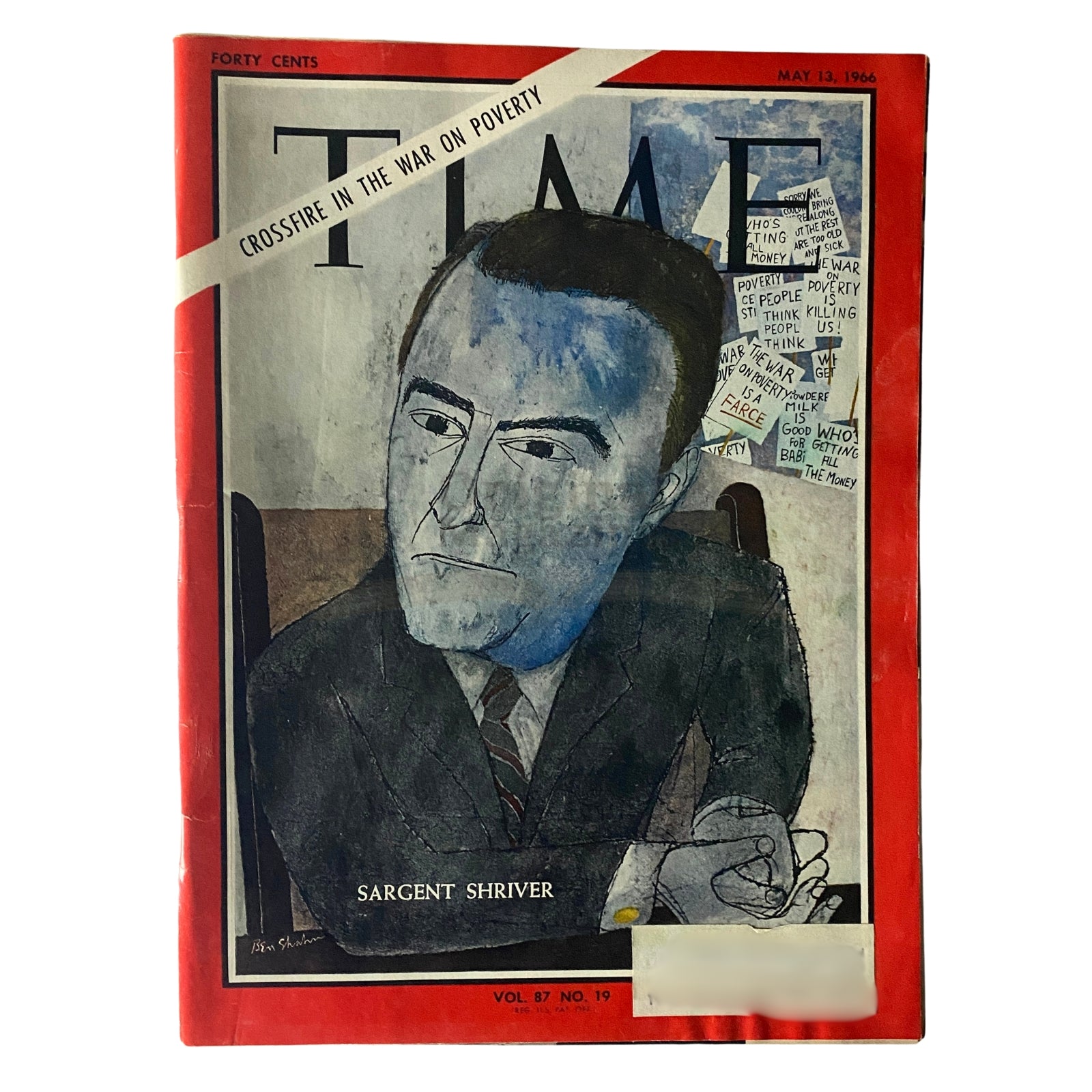 Time Magazine cover from May 13, 1966, featuring Sargent Shriver with the headline 'Crossfire in the War on Poverty'. This vintage magazine is part of the Vol 87 No. 19 collection, making it a notable addition for collectors.