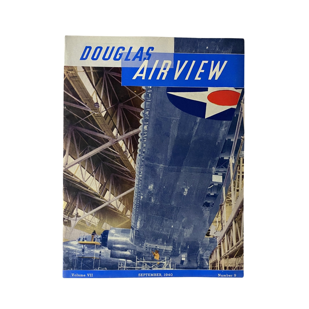 Cover of Douglas Airview Magazine from September 1940 titled 'The Path of The Eagle', showcasing a vintage aircraft in a hangar with construction details and industrial elements.