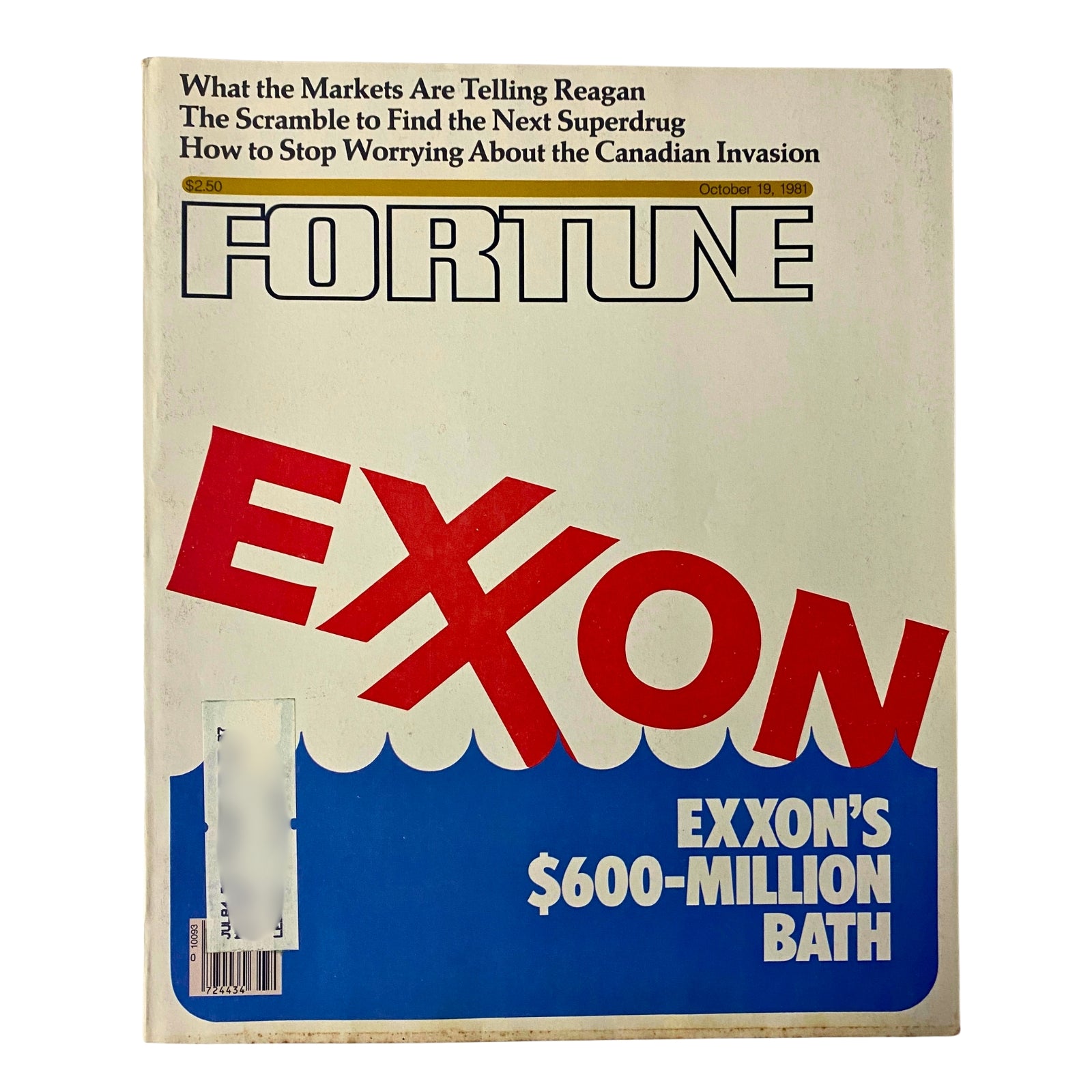 Cover of Fortune Magazine, October 19, 1981, featuring the headline 'Exxon's $600-Million Bath' with bold red typography over a blue background, reflecting key insights on Exxon's financial decisions.