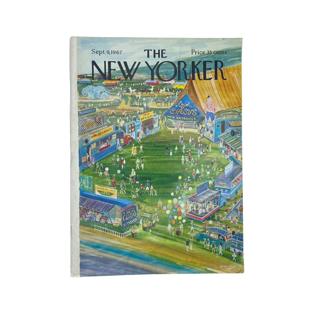 The New Yorker Complete Magazine September 9, 1967 Anatol Kovarsky Cover featuring a colorful illustration of a bustling fairground scene with circus tents and a variety of attractions.