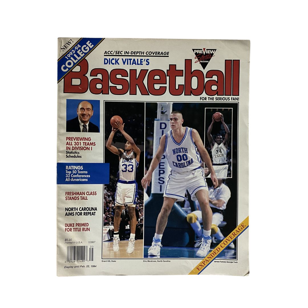 Cover of Dick Vitale's College Basketball Magazine 1993-1994 featuring Eric Montross from North Carolina, showcasing players and basketball highlights from the 1993-94 NCAA season.