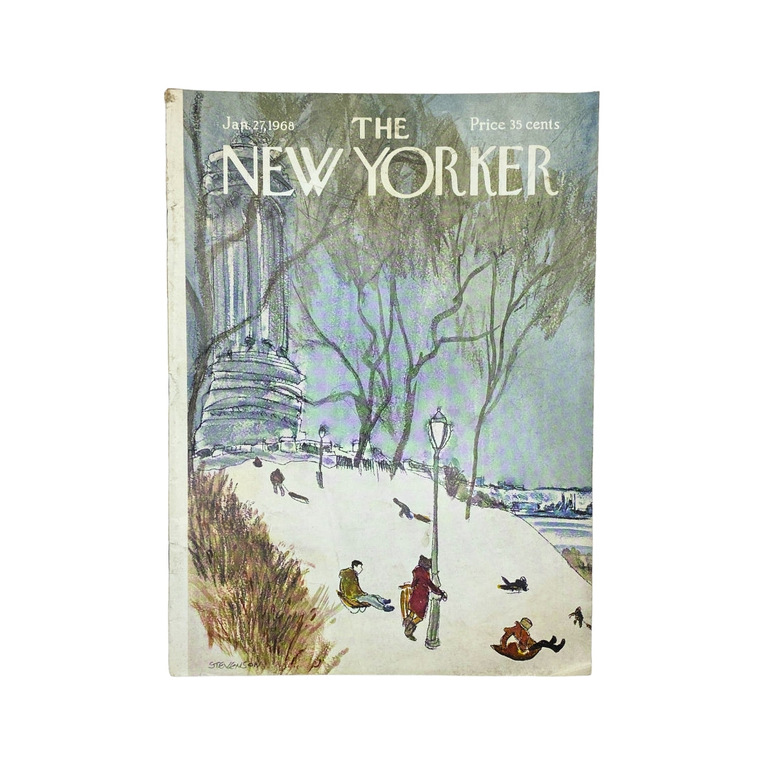 Cover of The New Yorker magazine dated January 27, 1968, featuring artwork by James Stevenson, depicting a winter scene with people on a snowy path.
