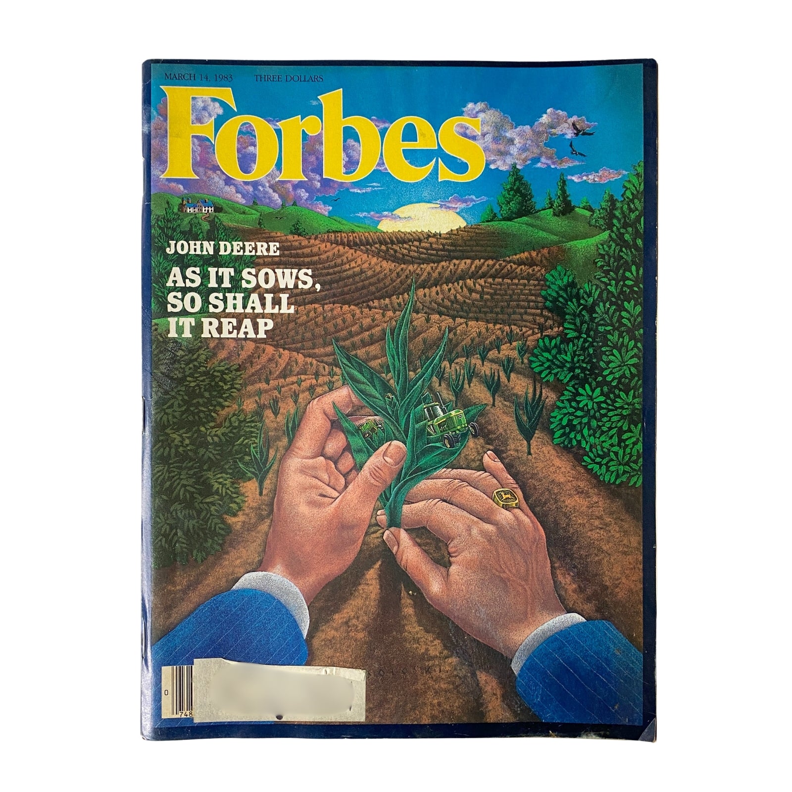 Forbes Magazine cover from March 14, 1983 featuring the title 'As It Sows, So Shall It Reap' with a focus on John Deere and agricultural themes.