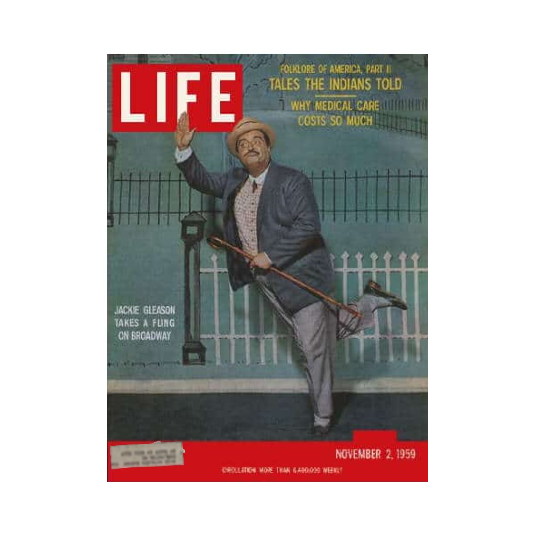 Cover of Life Magazine from November 2, 1959, featuring Jackie Gleason taking a fling on Broadway, showcasing a colorful illustration of the iconic performer against a vibrant backdrop.