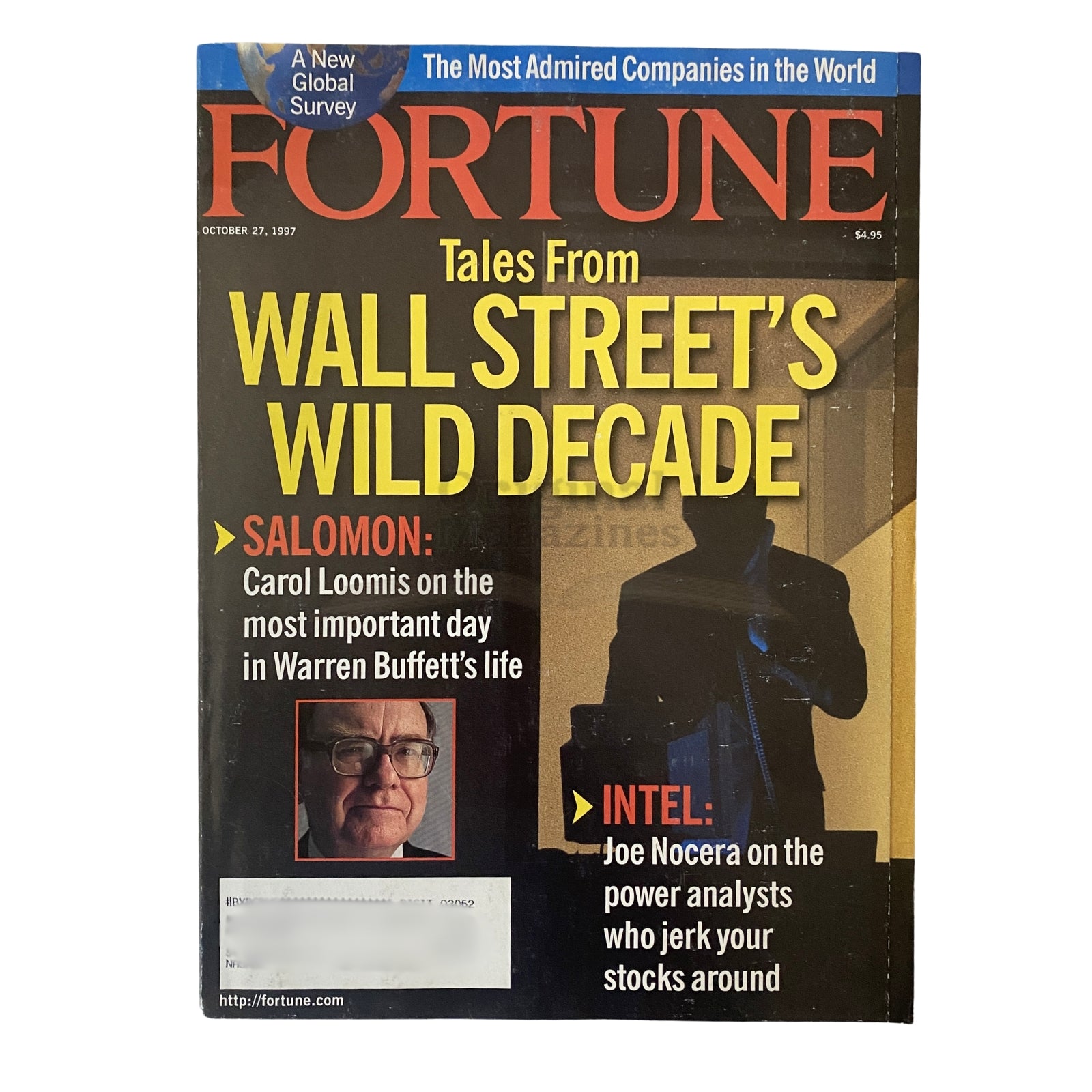 Cover of Fortune Magazine October 27, 1997 titled 'Tales From Wall Street's Wild Decade', featuring headlines about Salomon and Intel, alongside a photo of financial analysts.