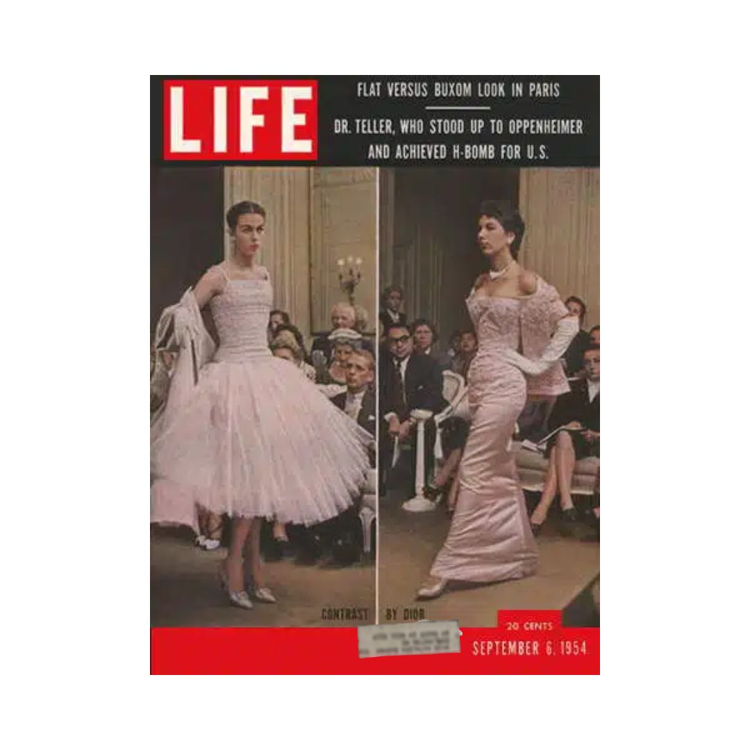 Life Magazine cover from September 6, 1954 featuring the headline 'Flat Versus Buxom Look in Paris' showcasing two contrasting Dior fashion designs. The left side displays a model in a light pink tulle dress, while the right side features a curvaceous model in a fitted pink gown, highlighting the fashion trends of the era.