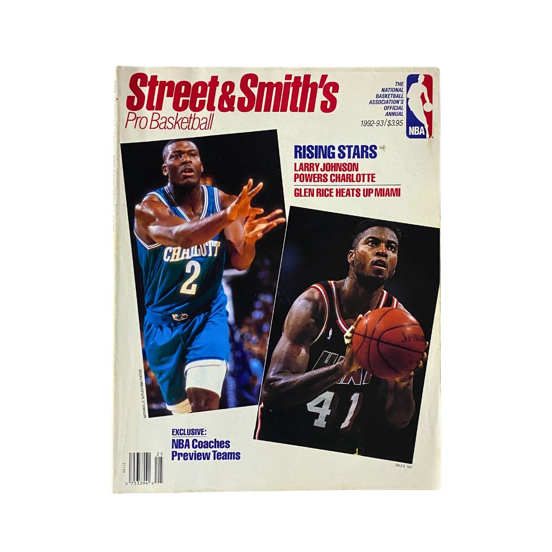 Street & Smith's Pro Basketball Magazine 1992-1993 cover featuring Larry Johnson and Glen Rice, highlighting rising stars in the NBA with the tagline 'Rising Stars'.
