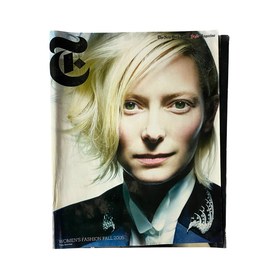 The New York Times Style Magazine 2005 featuring Tilda Swinton on the cover, showcasing her striking look with styled blonde hair and elegant attire, encapsulating a moment in fashion history.