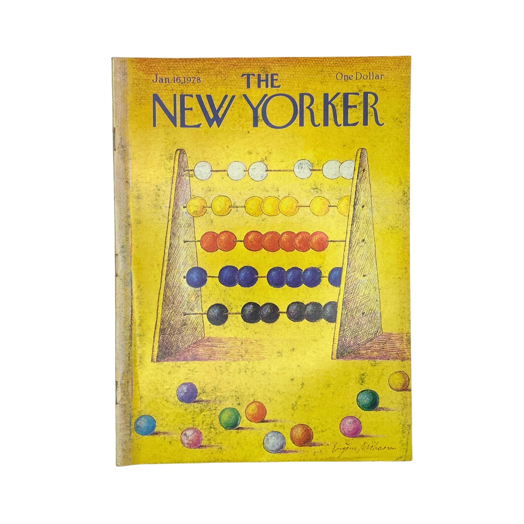 Cover of The New Yorker magazine from January 16, 1978, featuring an illustration by Eugène Mihaesco with colorful spheres and an abacus design.