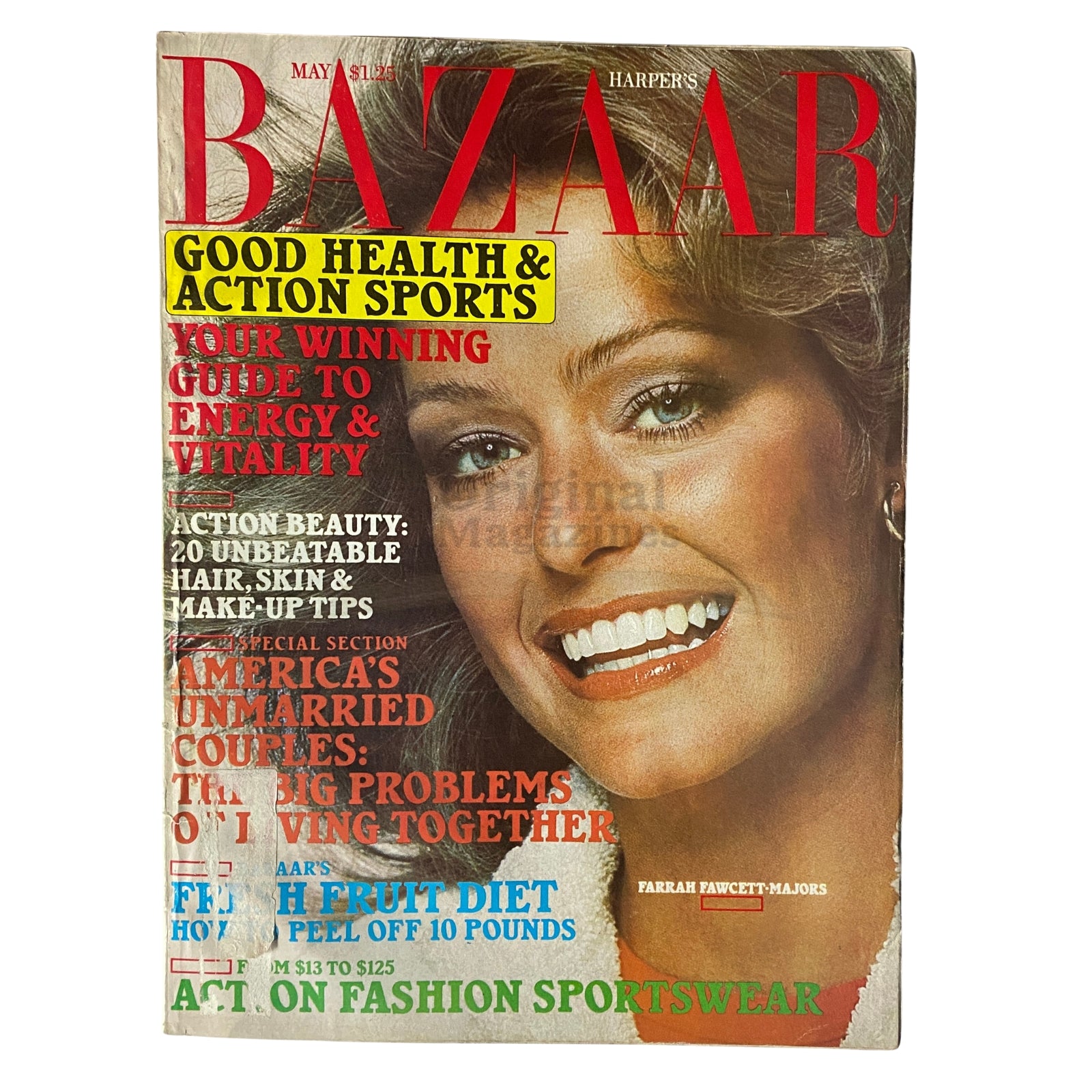 Harper's Bazaar Magazine May 1977 cover featuring Farrah Fawcett, showcasing fashion headlines such as 'Good Health & Action Sports' and 'Your Winning Guide to Energy & Vitality'.
