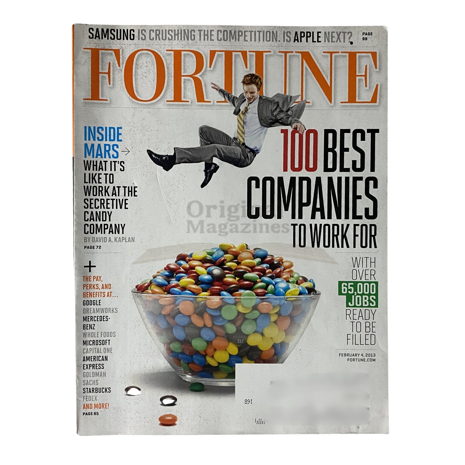 Fortune Magazine February 4, 2013 featuring a colorful bowl of candy on the cover, showcasing the theme '100 Best Companies to Work For'.