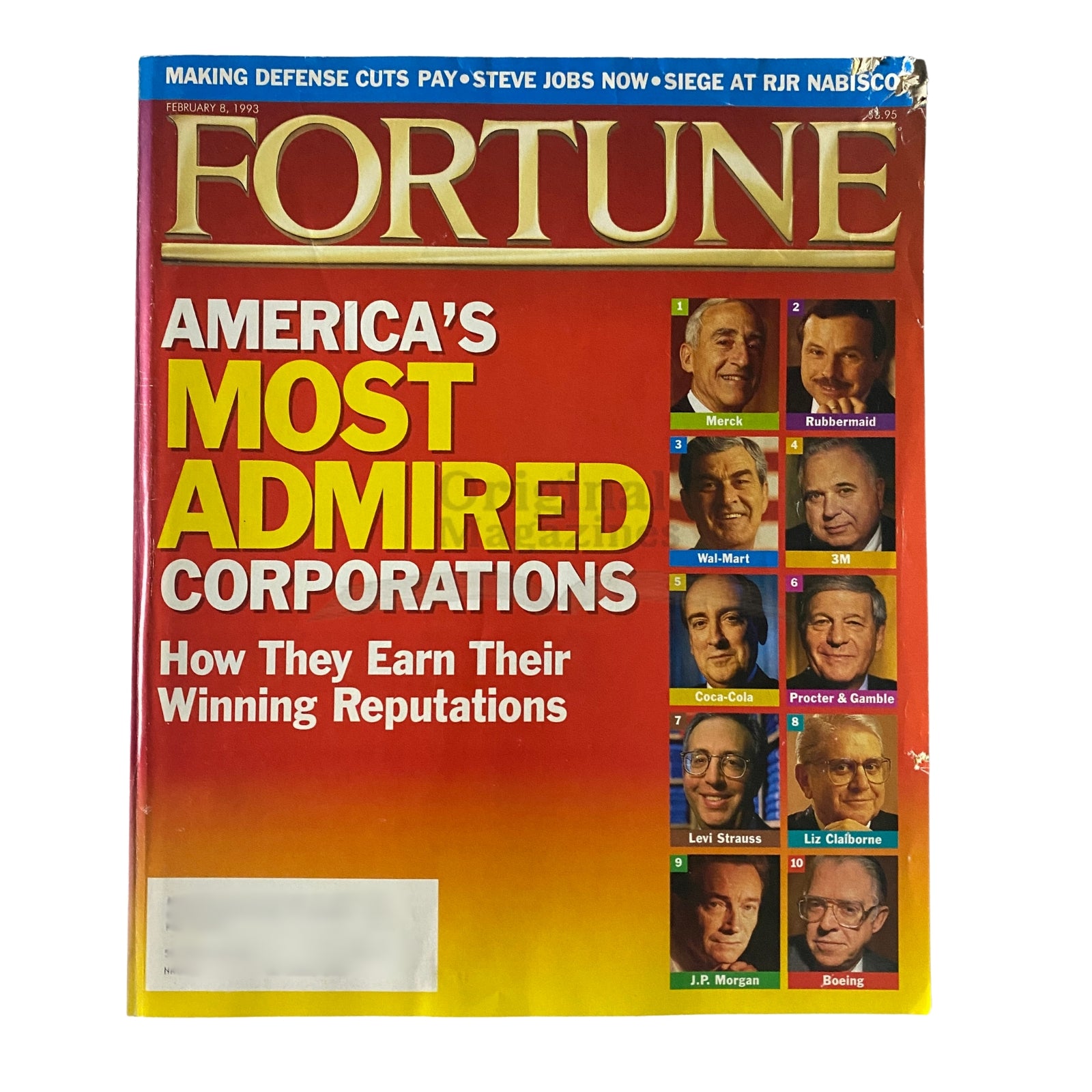 Cover of Fortune Magazine February 8, 1993, featuring the title 'America's Most Admired Corporations' with notable company leaders' portraits and an overview of how they earned their winning reputations.