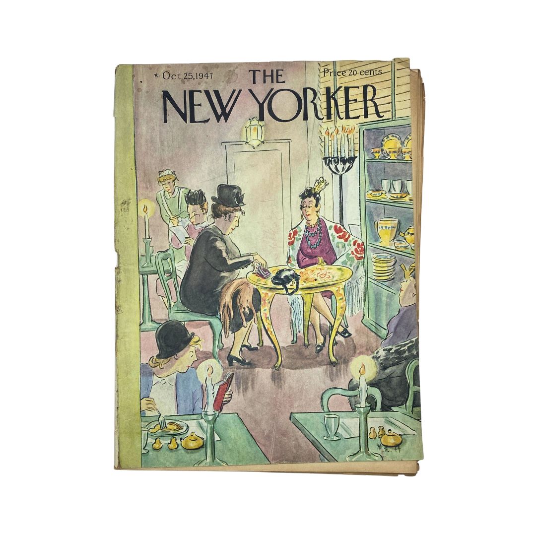 Cover of The New Yorker Complete Magazine October 25, 1947 featuring artwork by Helen E. Hokinson, showcasing a lively dinner scene with elegantly dressed women and men.