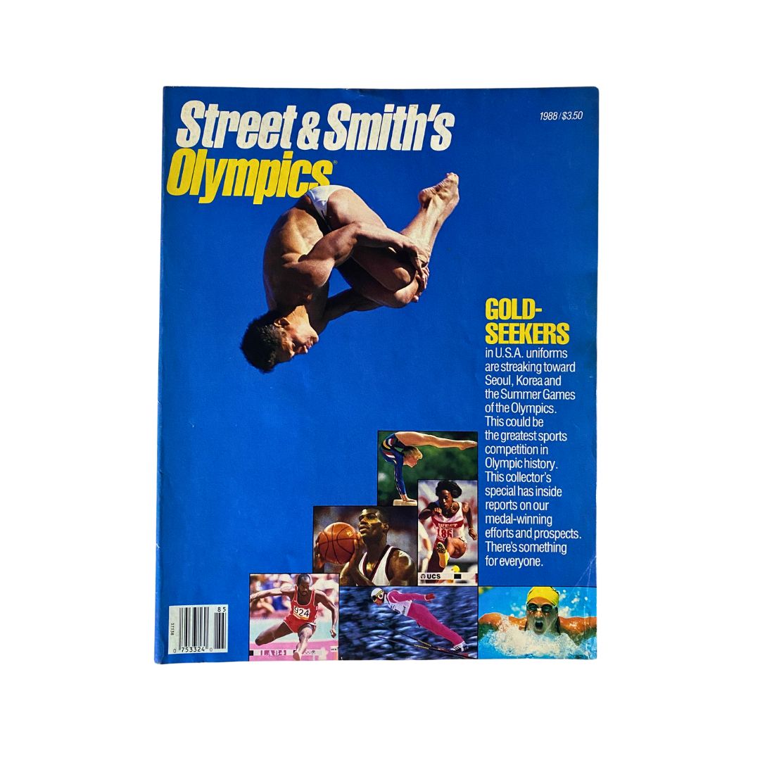 Cover of VTG Street & Smith's Olympics Magazine 1988 featuring Michele Mitchell. The cover displays a blue background with athletic imagery and the title 'Gold-Seekers' highlighting the upcoming Summer Olympics in Seoul, Korea.