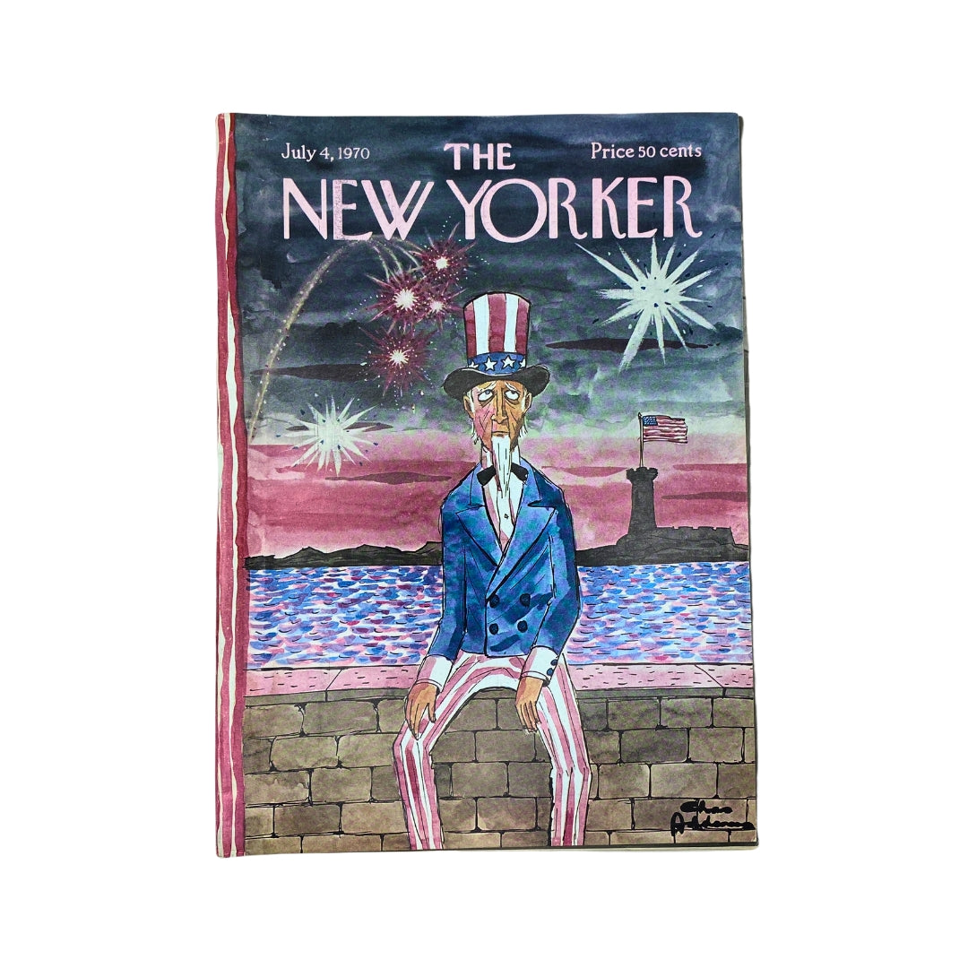 The New Yorker Complete Magazine July 4, 1970 featuring a whimsical cover illustration by Chas Addams depicting Uncle Sam against a backdrop of fireworks, perfect for collectors of vintage magazines.