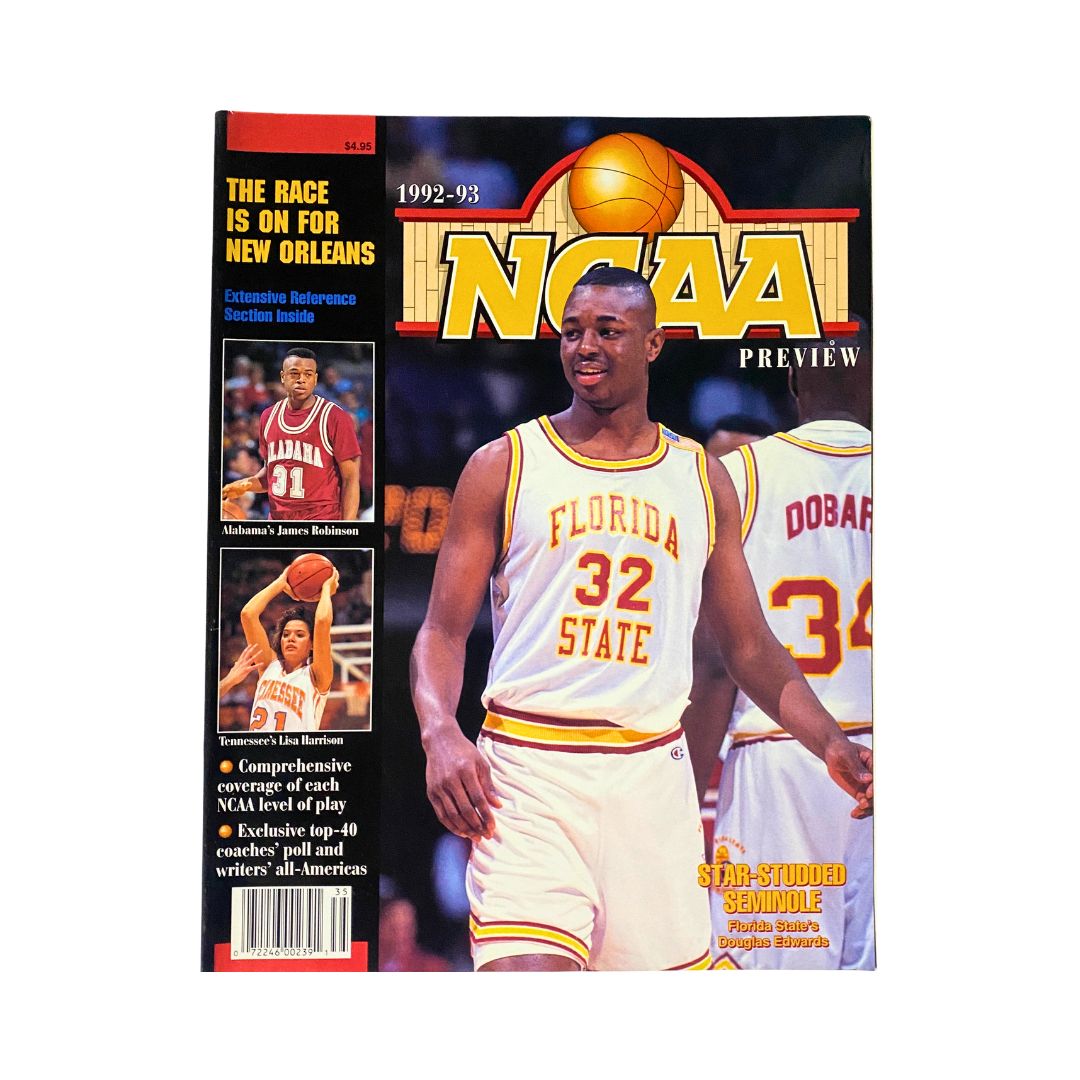 NCAA Basketball Preview Magazine 1992-1993 featuring Douglas Edwards on the cover, showcasing players from Florida State and Alabama, highlighting the excitement of college basketball.