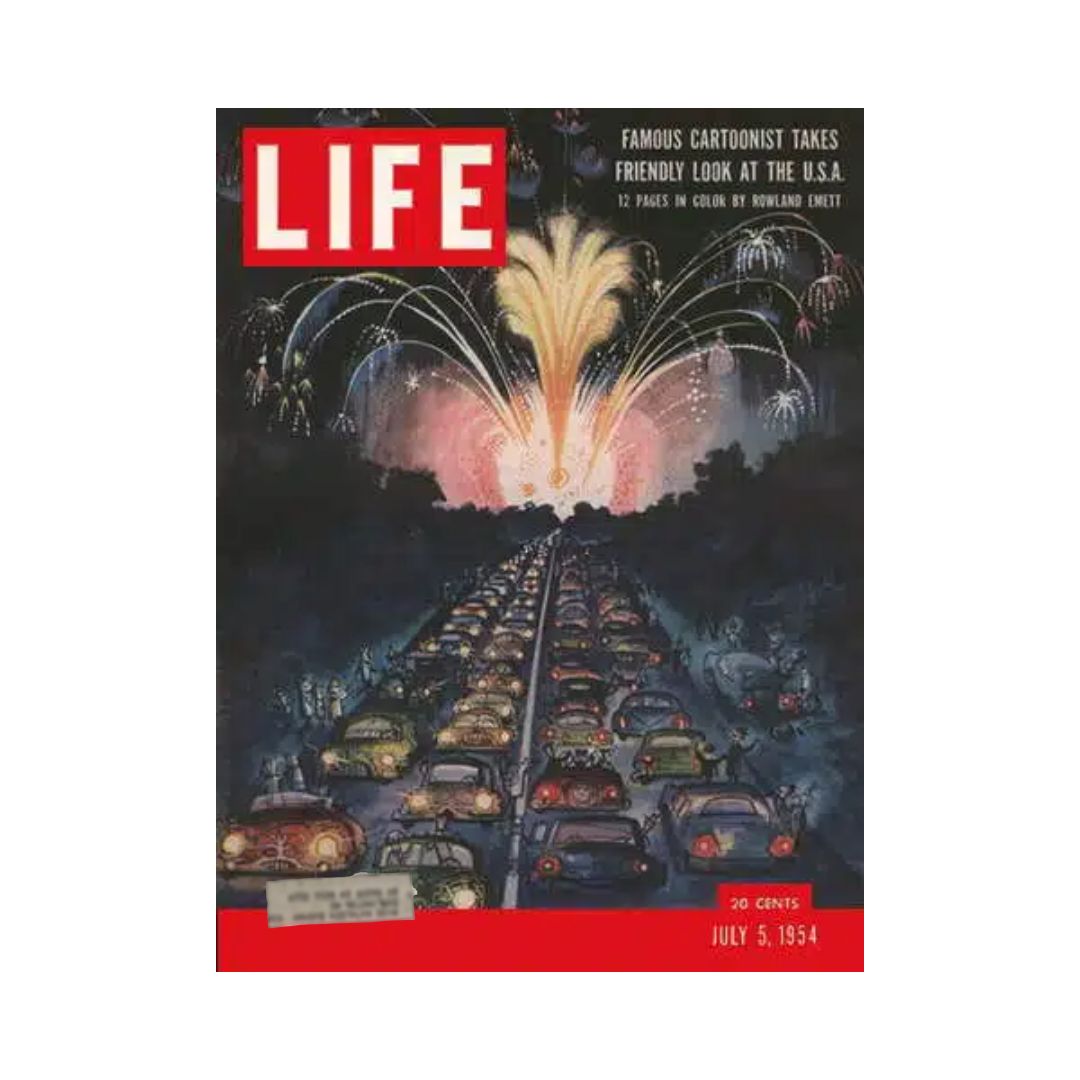 Vintage Life Magazine cover from July 5, 1954, featuring cartoonist Rowland Emett's colorful artwork illustrating a festive scene with cars and fireworks, promoting a friendly look at the U.S.A.