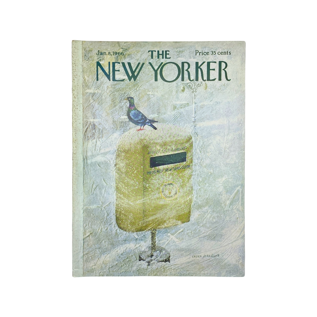 The New Yorker Complete Magazine January 8, 1966 with a Laura Jean Allen cover featuring a pigeon on a mailbox, showcasing vintage design and nostalgic artwork.