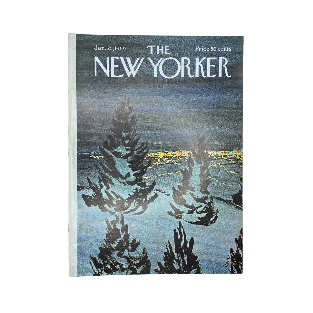 Cover of The New Yorker magazine from January 25, 1969 featuring a David Preston illustration with trees and city lights, no label.