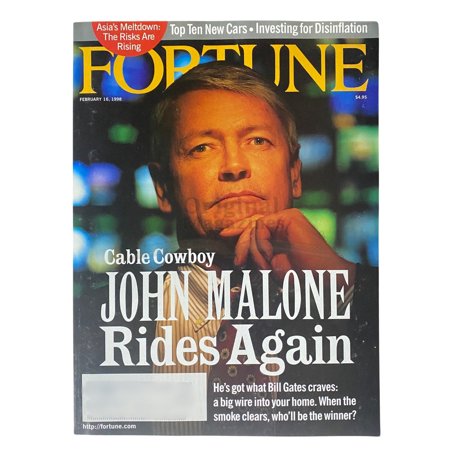 Cover of Fortune Magazine dated February 16, 1998, featuring the title 'Cable Cowboy John Malone Rides Again' with a portrait of John Malone and highlights about competitors like Bill Gates, emphasizing the telecommunications industry's evolution.