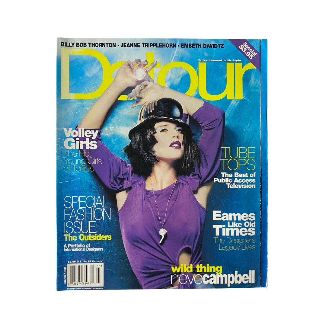 Detour Magazine March 1998 issue featuring Neve Campbell on the cover, showcasing vibrant colors and bold fashion statements of the 90s.