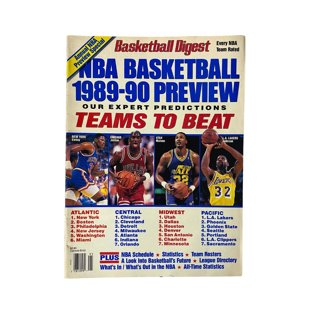 Basketball Digest Magazine 1989-1990 featuring NBA basketball preview and expert predictions, showcasing iconic players Michael Jordan, Patrick Ewing, Karl Malone, and Magic Johnson.