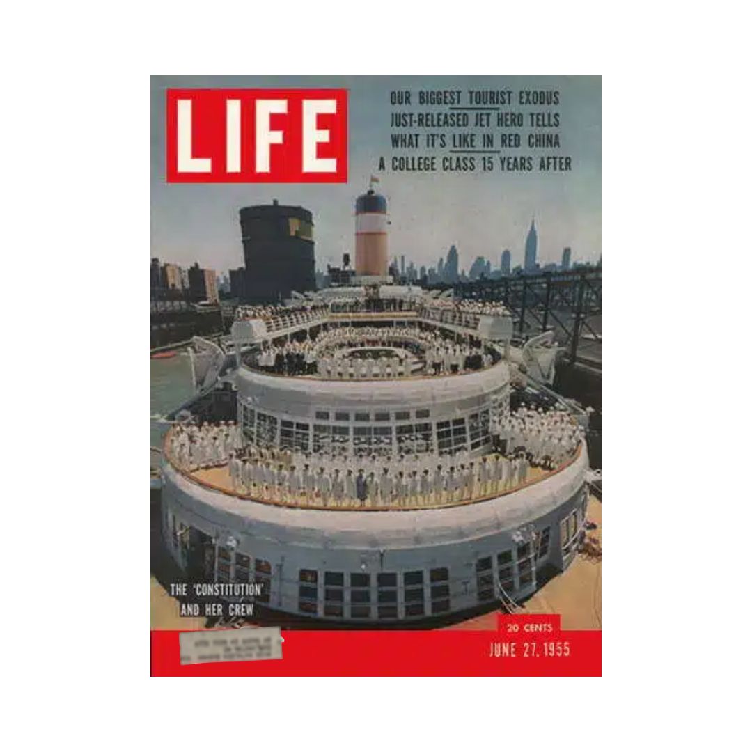Life Magazine cover from June 27, 1955, featuring the S.S. Constitution and Crew, showcasing historical maritime heritage with a captivating visual representation.